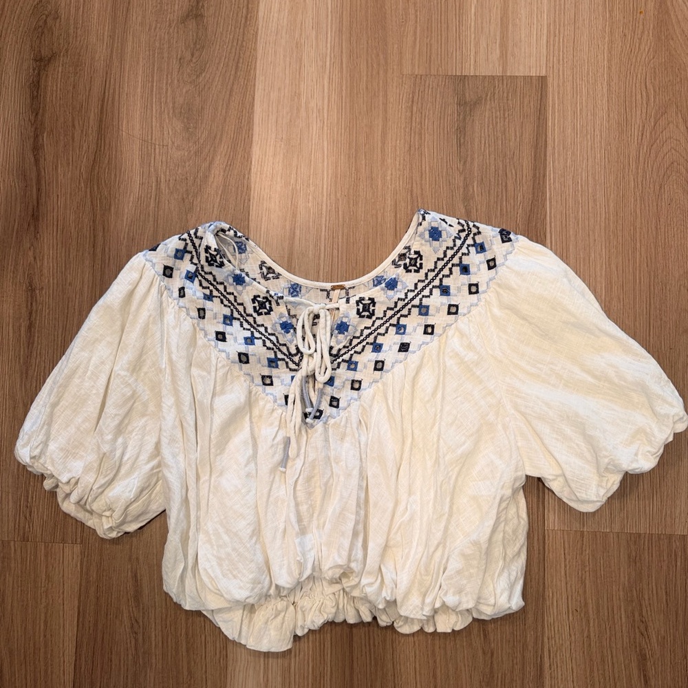Free People White Peasant crop Top with Blue Embroidered Yoke - Picture 1 of 2